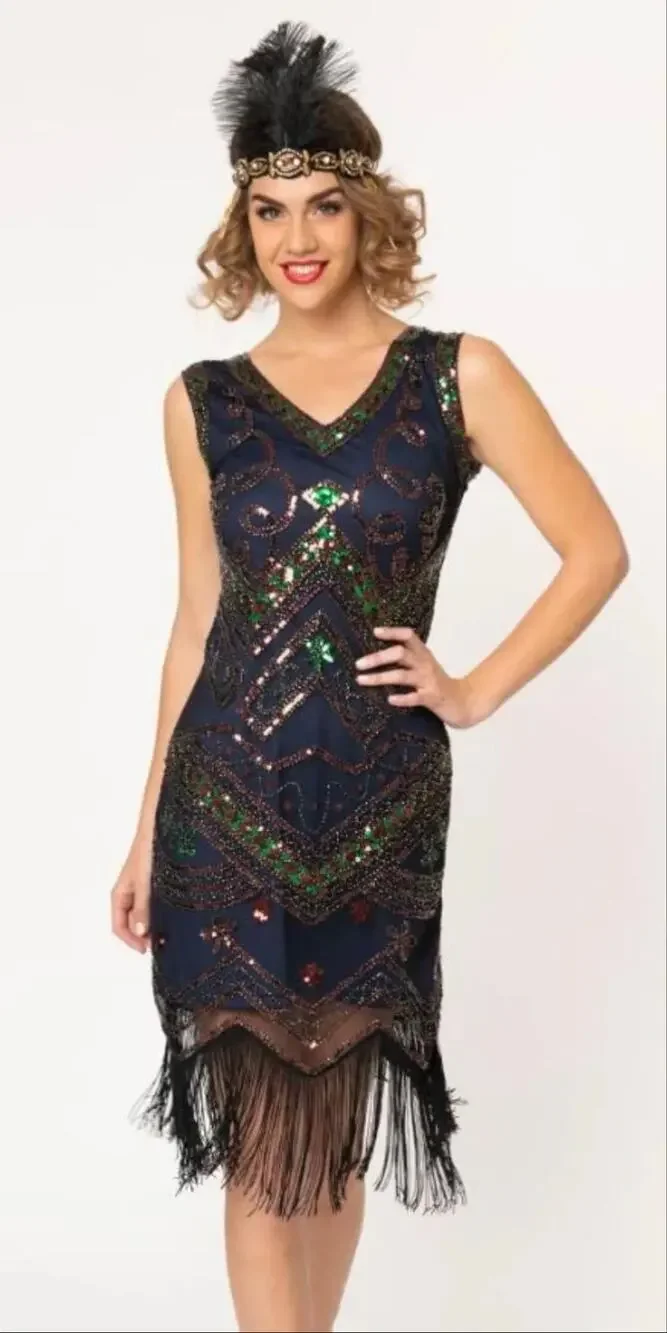 Unique Vintage Navy Green Burgundy Embellished Flapper Dress L NWOT